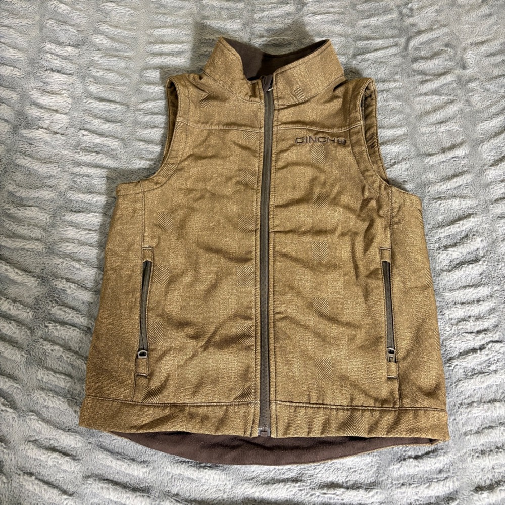 Cinch Youth Large 12 Brown Herringbone Fleece Lined Full Zip Western Vest AT374